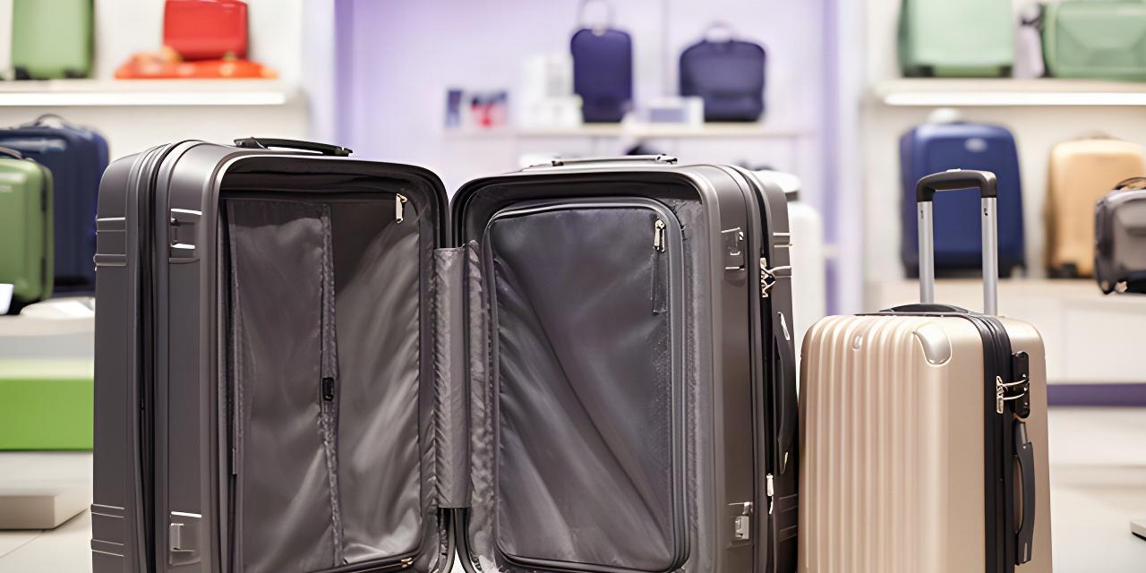 Geöffnete Hartschalenkoffer und ein kompakter Trolley in einem hellen Reisegepäckgeschäft