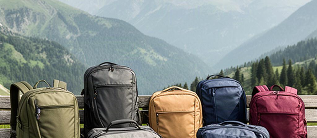 Auswahl an Reiserucksäcken und Reisetaschen auf einer Bank vor einer alpinen Landschaft