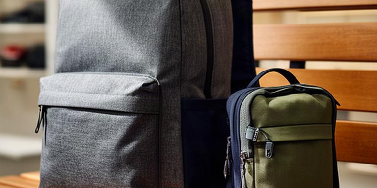 Moderner Reiserucksack mit Laptopfach auf einer Holzbank neben einem Tagesrucksack